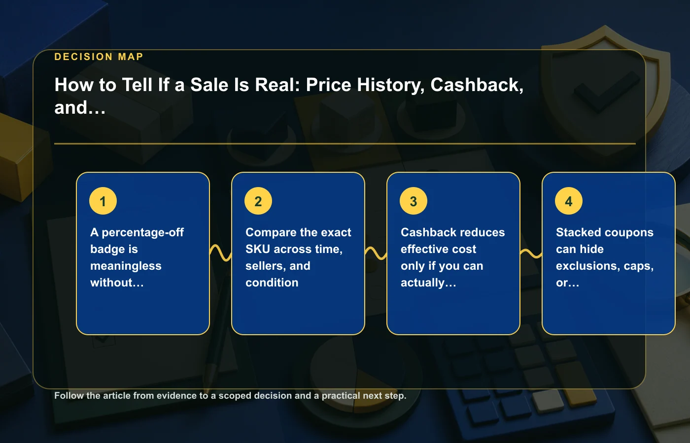How to Tell If a Sale Is Real: Price History, Cashback, and Discount Math: decision map for A percentage-off badge is meaningless without a credible reference price, Compare the…