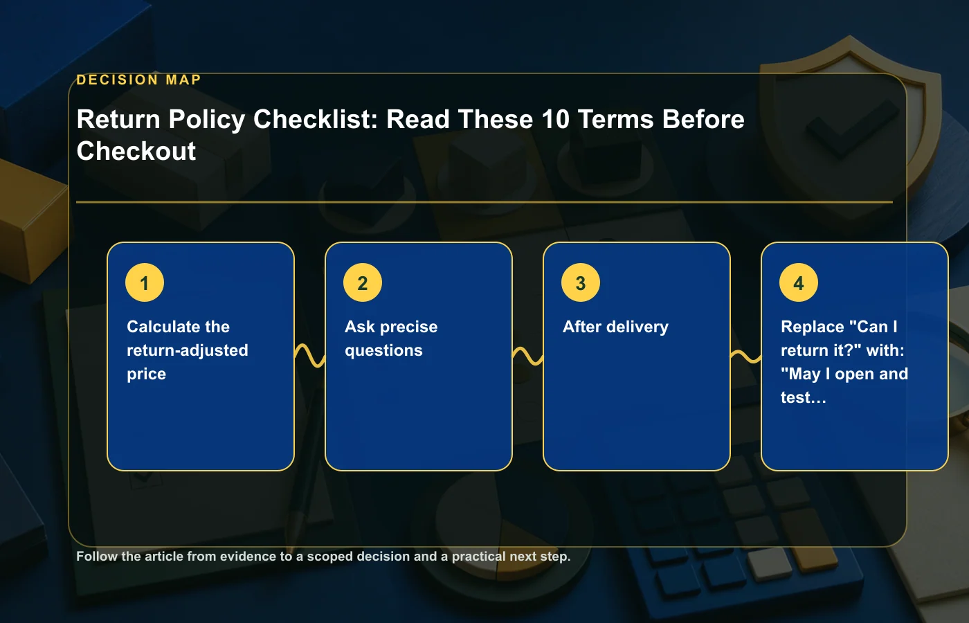Return Policy Checklist: Read These 10 Terms Before Checkout: decision map for Calculate the return-adjusted price, Ask precise questions, After delivery